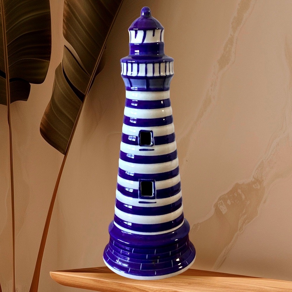 Nautical Cobalt Blue White Striped Ceramic Lighthouse Coastal Tea Light 12"
